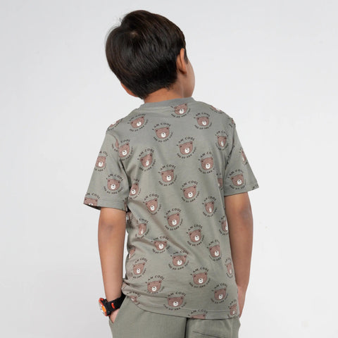 Boys Bear Printed Olive Tee