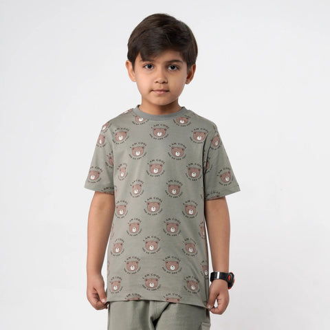 Boys Bear Printed Olive Tee