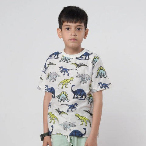 Boys Dinosaur Printed White Tee