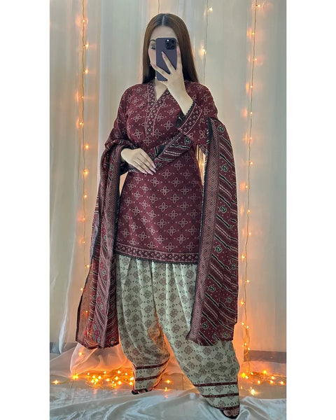 Ajrak Mehroon (Digital 3 Pcs)