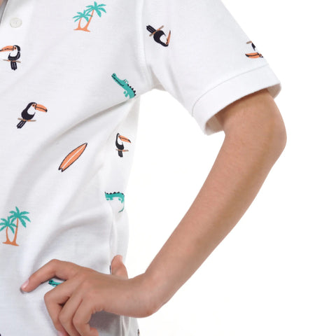 White Printed Polo